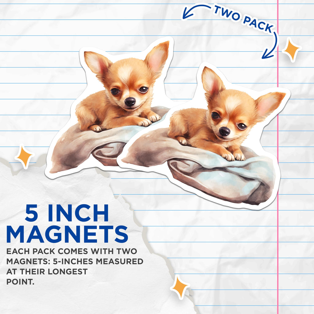 (2 Pack) Chihuahua Dog Magnets - Cute Puppy Illustration - Pet Lover Decorations - 5" On Longest Side - Premium Magnet - for Cars, Refrigerators, Toolboxes, Lockers - Made in USA - MAG16470