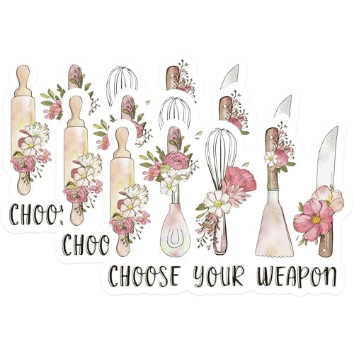 (3 Pack) Choose Your Weapon Decals - Floral Kitchen Tools - Baker Decals - 3 Inches On Longest Side - Easy Peel & Apply - Made in USA - 3MCS1667