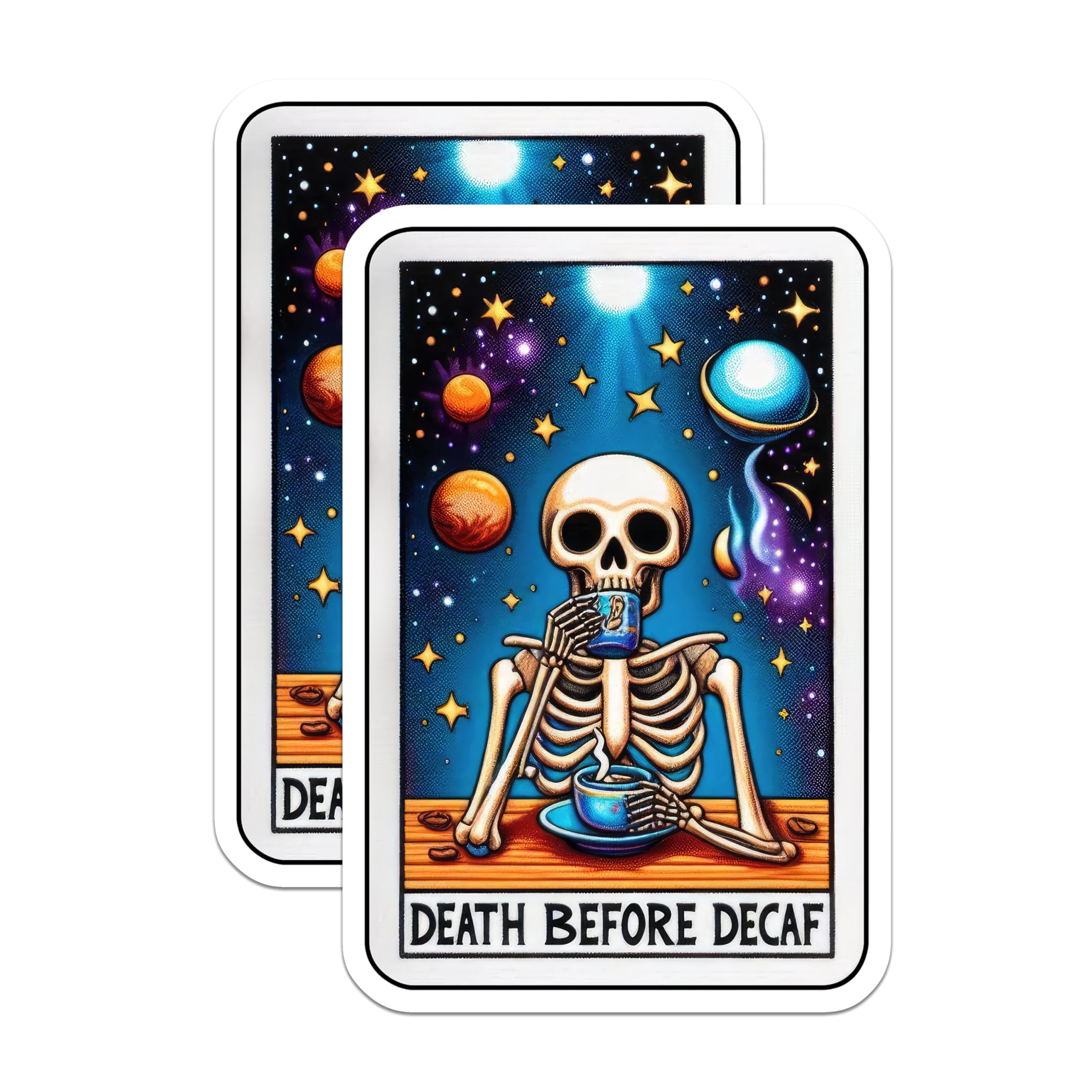 (2 Pack) Death Before Decaf Stickers - Skeleton Coffee Stickers - Cosmic Art Stickers - 5" On Longest Side - Sticks to Smooth Flat Surfaces - Made in USA - BMCS4823