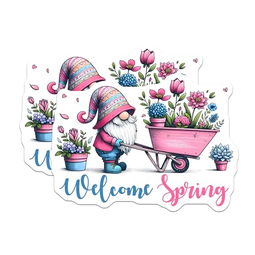 (2 Pack) Welcome Spring Gnome Stickers - Cute Garden Gnome - Colorful Flower - 5" On Longest Side - Sticks to Smooth Flat Surfaces - Made in USA - BMCS7998