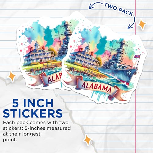 (2 Pack) Alabama Stickers - State Pride Decal - Southern Heritage Decoration - 5" On Longest Side - Sticks to Smooth Flat Surfaces - Made in USA - BMCS7068