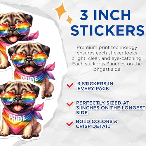 (3 Pack) Pug Pride Decals - Rainbow Heart Sunglasses - Laptop Decals - 3 Inches On Longest Side - Easy Peel & Apply - Made in USA - 3MCS6029