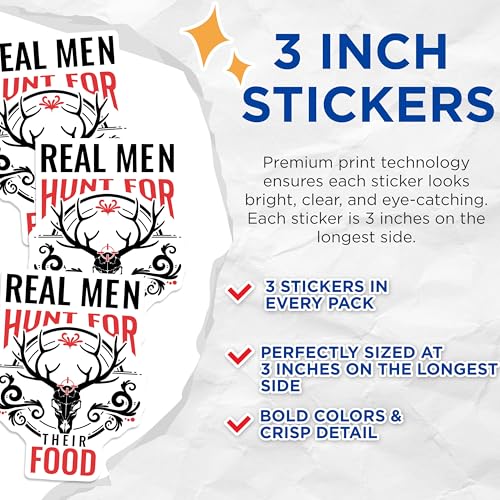(3 Pack) Real Men Hunt Decals - Hunting Food Decals - Laptop Deer Skull Decal - 3 Inches On Longest Side - Easy Peel & Apply - Made in USA - 3MCS7539