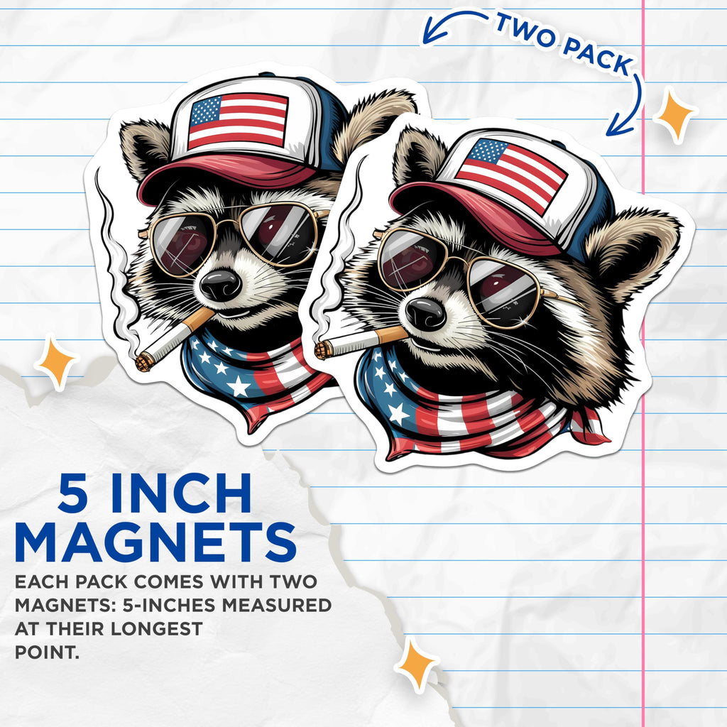 (2 Pack) Patriotic Raccoon Magnets - American Flag Animal Art - Cool Smoker Decor - 5 Inches On Longest Side - Thick Durable Magnet - Made in USA - MAG20569