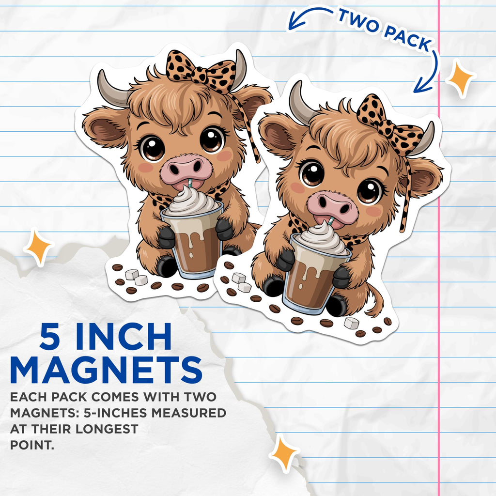 (2 Pack) Highland Cow Magnets - Cute Baby Calf Coffee Drinker - Leopard Print Bow Refrigerator Art - 5 Inches On Longest Side - Thick Durable Magnet - Made in USA - MAG21966