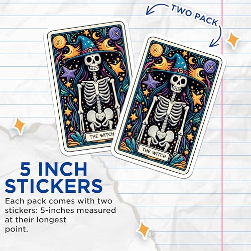 (2 Pack) Halloween Skeleton Witch Stickers - Spooky Magic Stickers - Skeleton Wizard Design - 5" On Longest Side - Sticks to Smooth Flat Surfaces - Made in USA - BMCS5518