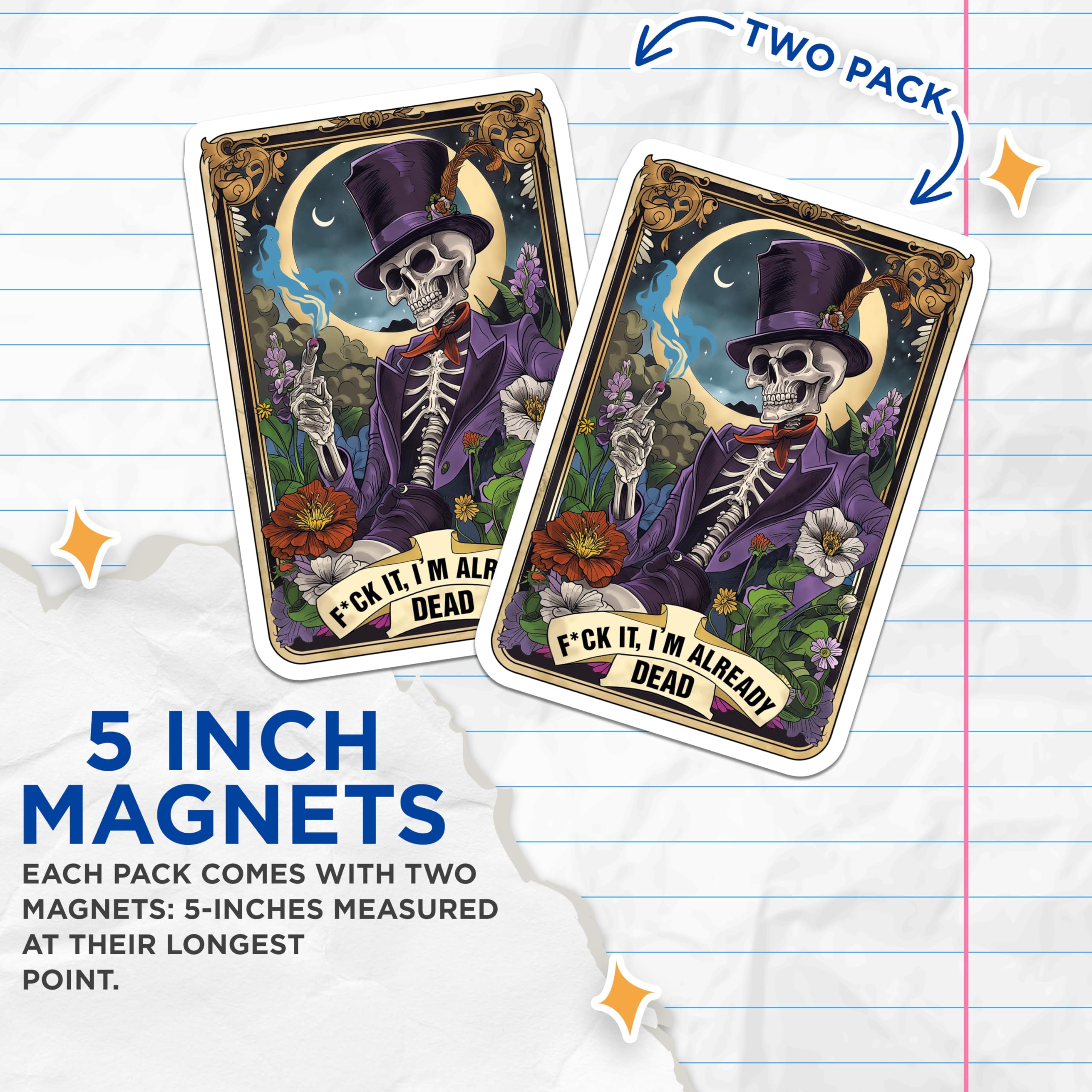 (2 Pack) F*ck It I'm Already Dead Magnets - Sarcastic Skeleton Art - Gothic Dark Humor Decor - 5 Inches On Longest Side - Thick Durable Magnet - Made in USA - MAG25637