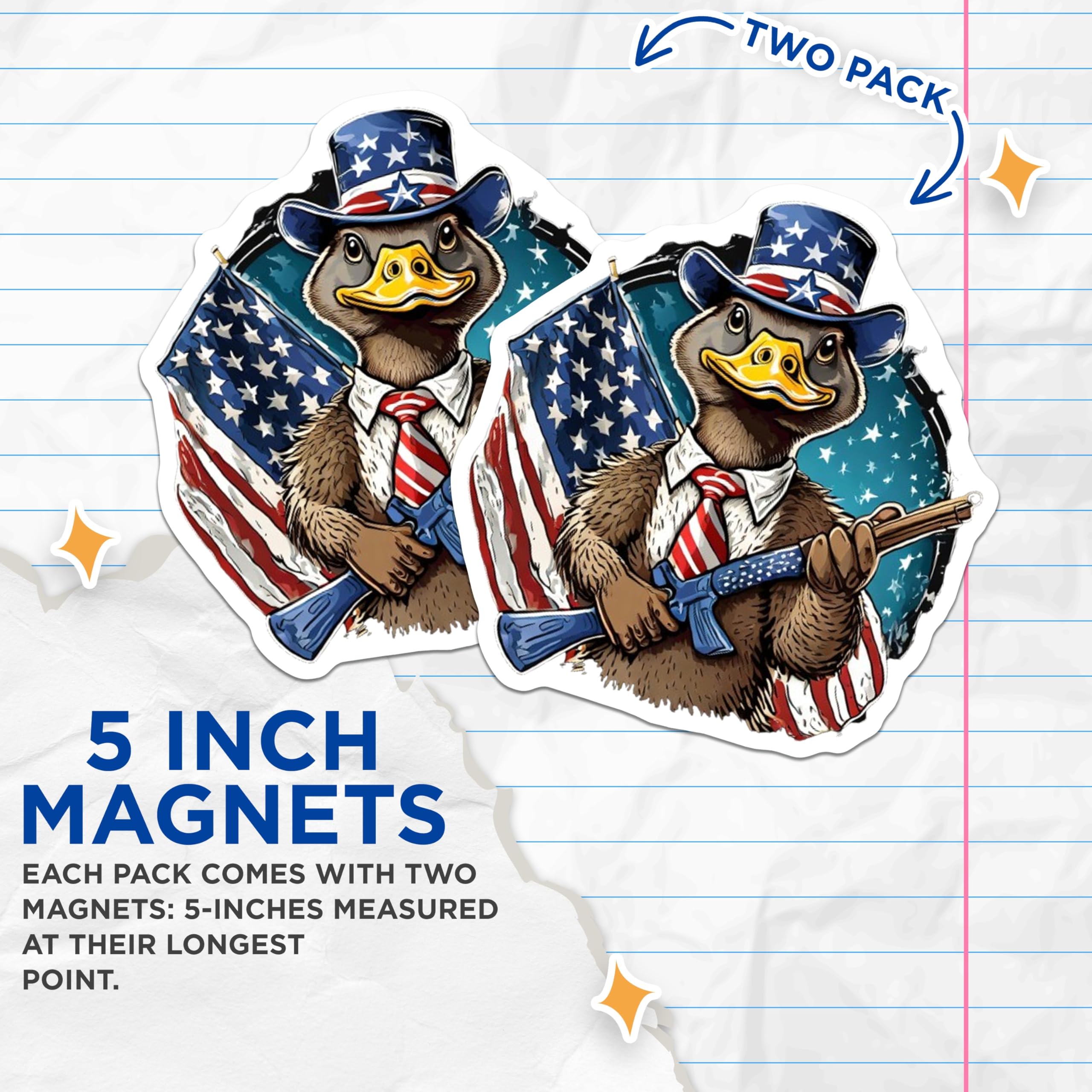 (2 Pack) Patriotic Duck Magnets - Uncle Sam Animal Figure - American Flag Art - Fourth of July Decor - Freedom Country Motif - 5 Inches On Longest Side - Thick Durable Magnet - Made in USA - MAG22485