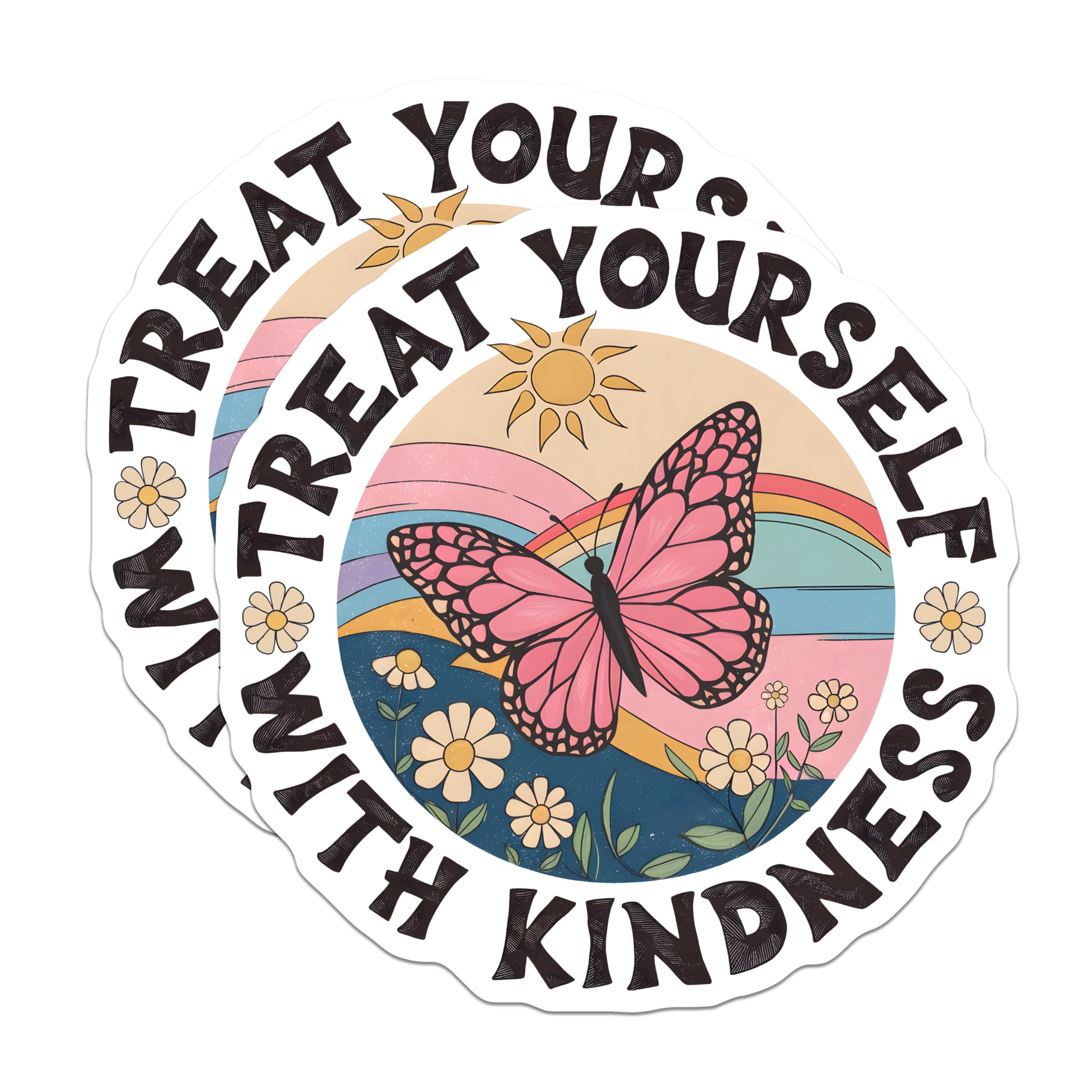 (2 Pack) Treat Yourself Stickers - Kindness Butterfly - Retro Rainbow Sticker - 5" On Longest Side - Sticks to Smooth Flat Surfaces - Made in USA - BMCS18982