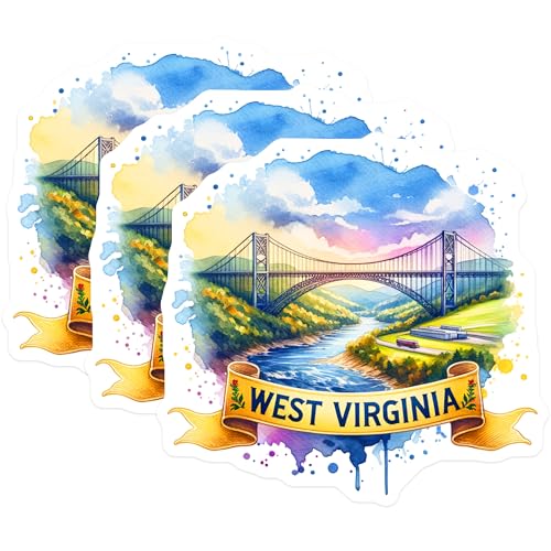 (3 Pack) West Virginia Decals - Watercolor Bridge Art - State Pride Souvenir- 3 Inches On Longest Side - Easy Peel & Apply - Made in USA - 3MCS5174