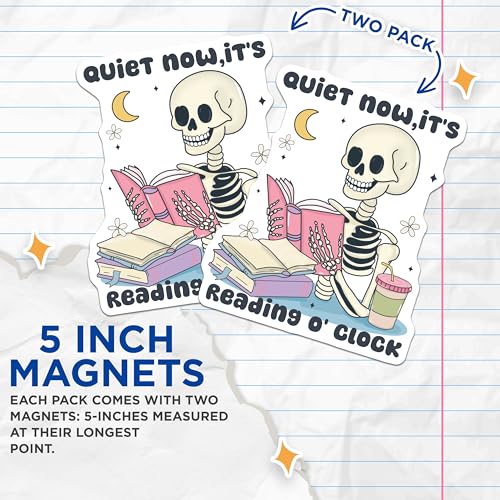 (2 Pack) Quiet Now It's Reading O'Clock Magnets - Skull Reading Magnet - Book Lover Skeleton Magnet - 5" On Longest Side - for Cars, Fridges, Toolboxes - Made in USA - MAG7228