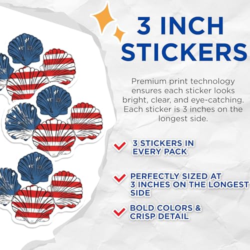 (3 Pack) Patriotic Seashell Decals - American Flag Decals - USA Pride Decals - 3 Inches On Longest Side - Easy Peel & Apply - Made in USA - 3MCS7733