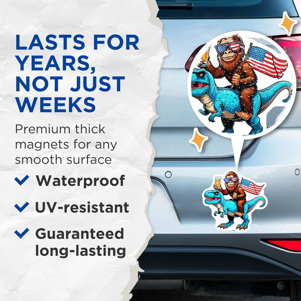 (2 Pack) Bigfoot Magnets - Dinosaur Rider - Patriotic Sasquatch - American Flag Beer Drinker - Funny Cryptid Tyrannosaurus - 5 Inches On Longest Side - Thick Durable Magnet - Made in USA - MAG20595
