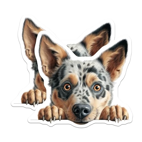 (2 Pack) Cute Dog Stickers - Australian Cattle Dog Art - Cartoon Pet Decal Set - 5" On Longest Side - Sticks to Smooth Flat Surfaces - Made in USA - BMCS9836