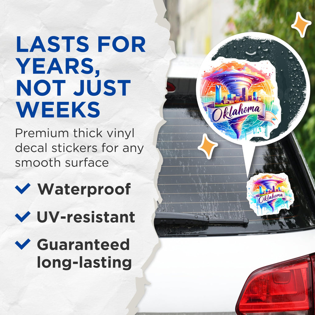 (2 Pack) Oklahoma City Stickers - Tornado Art - Colorful Cityscape Decals - 5" On Longest Side - Sticks to Smooth Flat Surfaces - Made in USA - BMCS6548