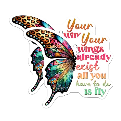 (2 Pack) Inspirational Butterfly Stickers - Motivational Decal - Colorful Positive Quote Sticker - 5" On Longest Side - Sticks to Smooth Flat Surfaces - Made in USA - BMCS9746