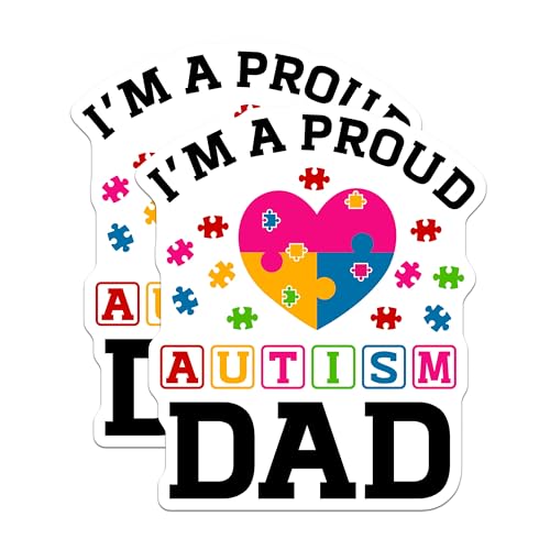 (2 Pack) I'm A Proud Dad Stickers - Autism Awareness Stickers - Colorful Heart Puzzle Piece Stickers - 5" On Longest Side - Sticks to Smooth Flat Surfaces - Made in USA - BMCS4102