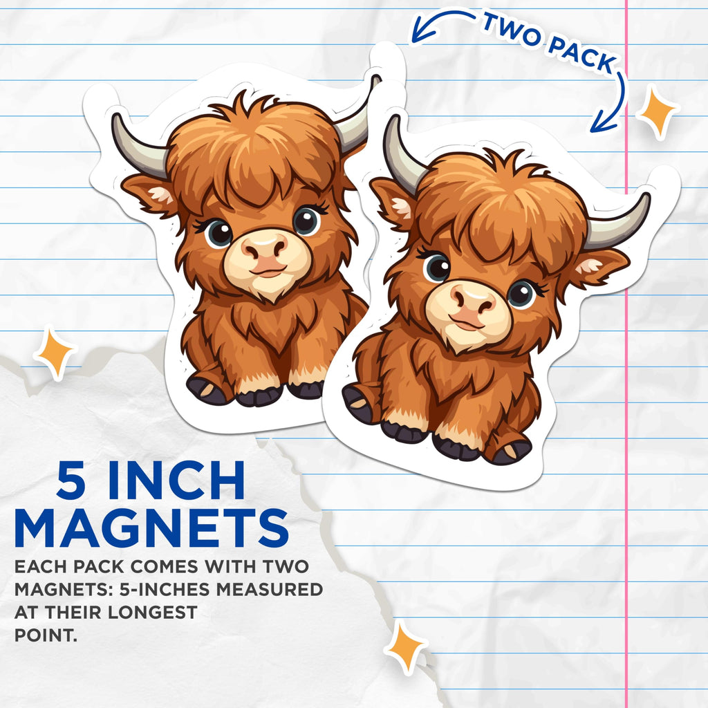 (2 Pack) Cute Highland Cow Magnets - Cartoon Highland Cow - 5 Inches On Longest Side - Premium Magnet - for Cars, Refrigerators, Toolboxes - Made in USA - MAG2184