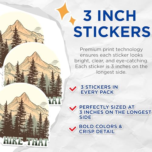 (3 Pack) Hiking Decals - Mountain Adventure - Outdoor Decal - 3 Inches On Longest Side - Easy Peel & Apply - Made in USA - 3MCS1352