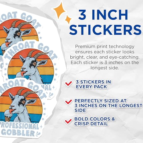 (3 Pack) Throat Goat Decals - Professional Gobbler - Funny Goat Sticker - 3 Inches On Longest Side - Easy Peel & Apply - Made in USA - 3MCS2373