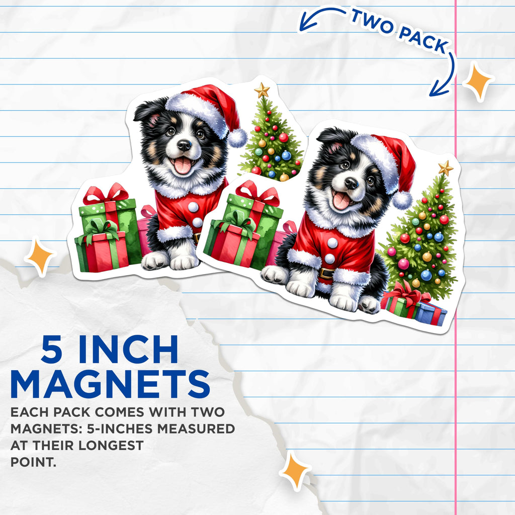 (2 Pack) Christmas Puppy Magnets - Santa Dog Holiday Decor - Cute Aussie Merch - 5 Inches On Longest Side - Thick Durable Magnet - Made in USA - MAG25059