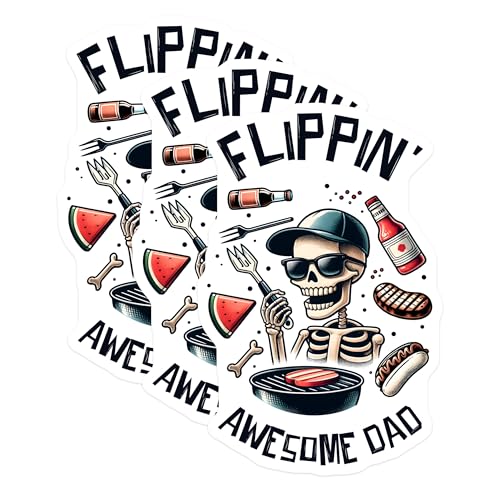 (3 Pack) Flippin' Awesome Dad Decals - BBQ Skeleton - Funny Grill Master Decal - 3 Inches On Longest Side - Easy Peel & Apply - Made in USA - 3MCS6232