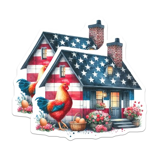 (2 Pack) Patriotic Rooster House Stickers - American Flag Design - Farmhouse Decor - Country Home Decor - 5" On Longest Side - Sticks to Smooth Flat Surfaces - Made in USA - BMCS6888