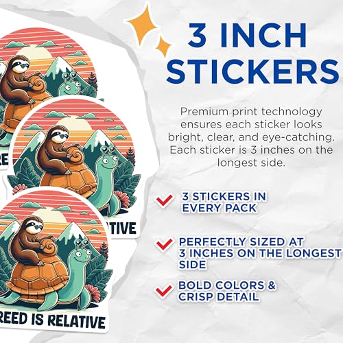 (3 Pack) Sloth Rides Snail Decals - Speed is Relative Art - Funny Animal Laptop Decals - 3 Inches On Longest Side - Easy Peel & Apply - Made in USA - 3MCS4777