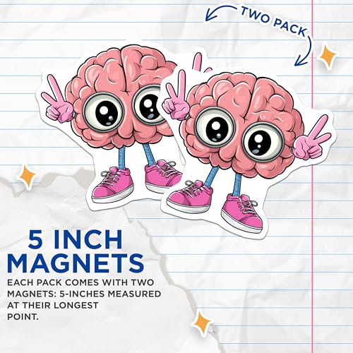 (2 Pack) Brain Magnets - Cute Brain Illustration - Fun Fridge Decor - Anatomy - Educational Tool - 5" On Longest Side - for Cars, Fridges, Toolboxes - Made in USA - MAG6886