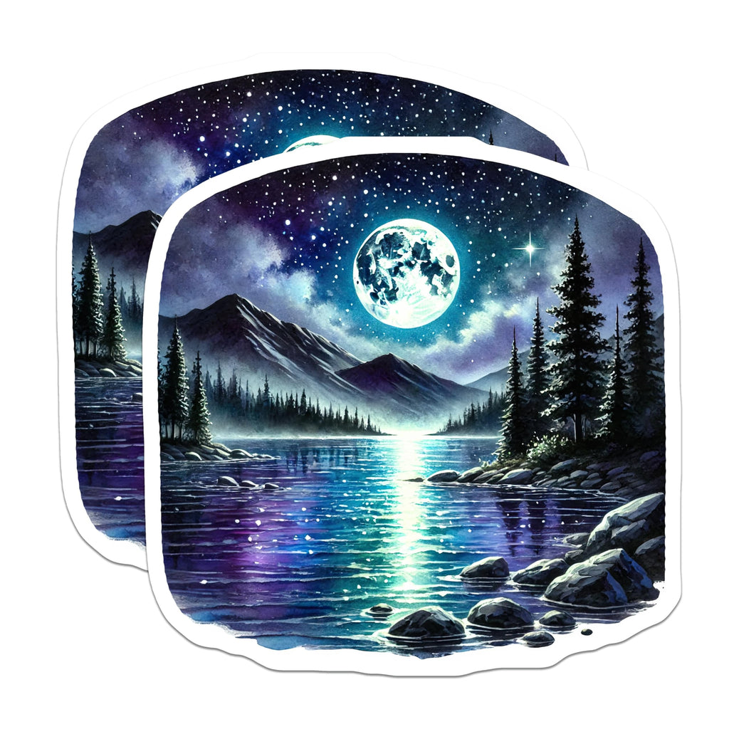 (2 Pack) Moon Lake Stickers - Night Sky Stickers - Celestial Art Stickers - 5" On Longest Side - Sticks to Smooth Flat Surfaces - Made in USA - BMCS18048