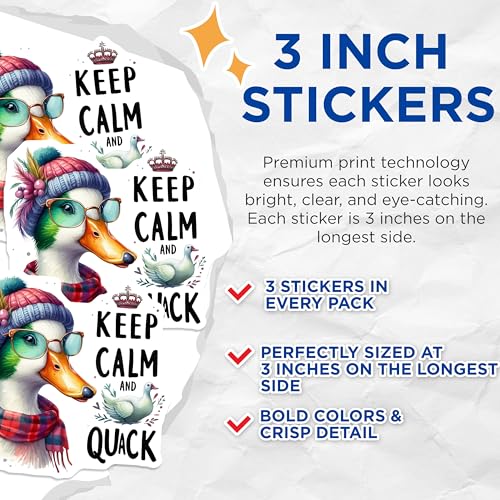 (3 Pack) Duck with Glasses Decals - Keep Calm and Quack - Funny Animal Decals- 3 Inches On Longest Side - Easy Peel & Apply - Made in USA - 3MCS5128