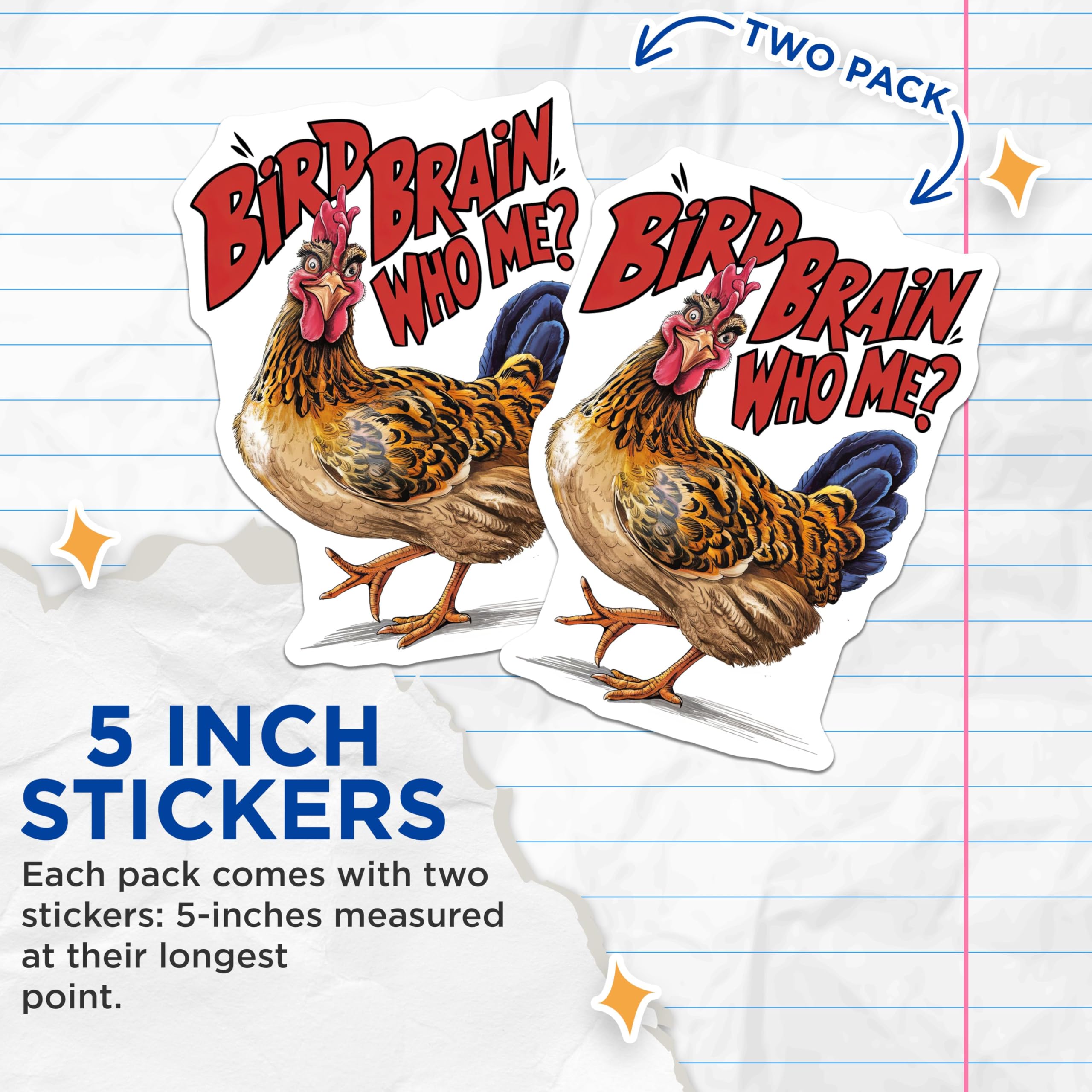 (2 Pack) Bird Brain Who Me Stickers - Funny Chicken Stickers - Hilarious Animal Stickers for Laptops - 5" On Longest Side - Sticks to Smooth Flat Surfaces - Made in USA - BMCS4206