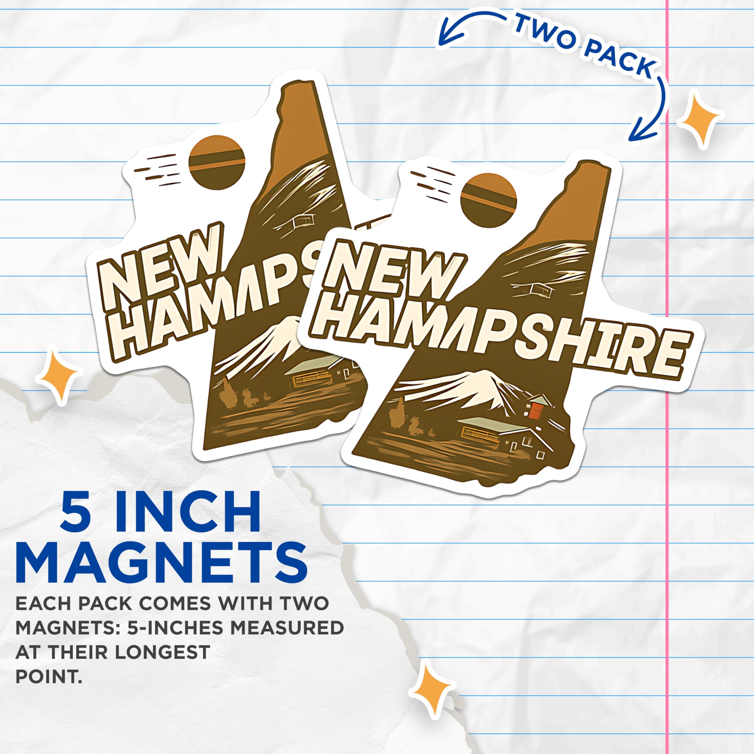 (2 Pack) New Hampshire Magnets - NH State Outline Art - White Mountain Scenic - Lodge Cabin Decor - US State Souvenir - 5 Inches On Longest Side - Thick Durable Magnet - Made in USA - MAG20661