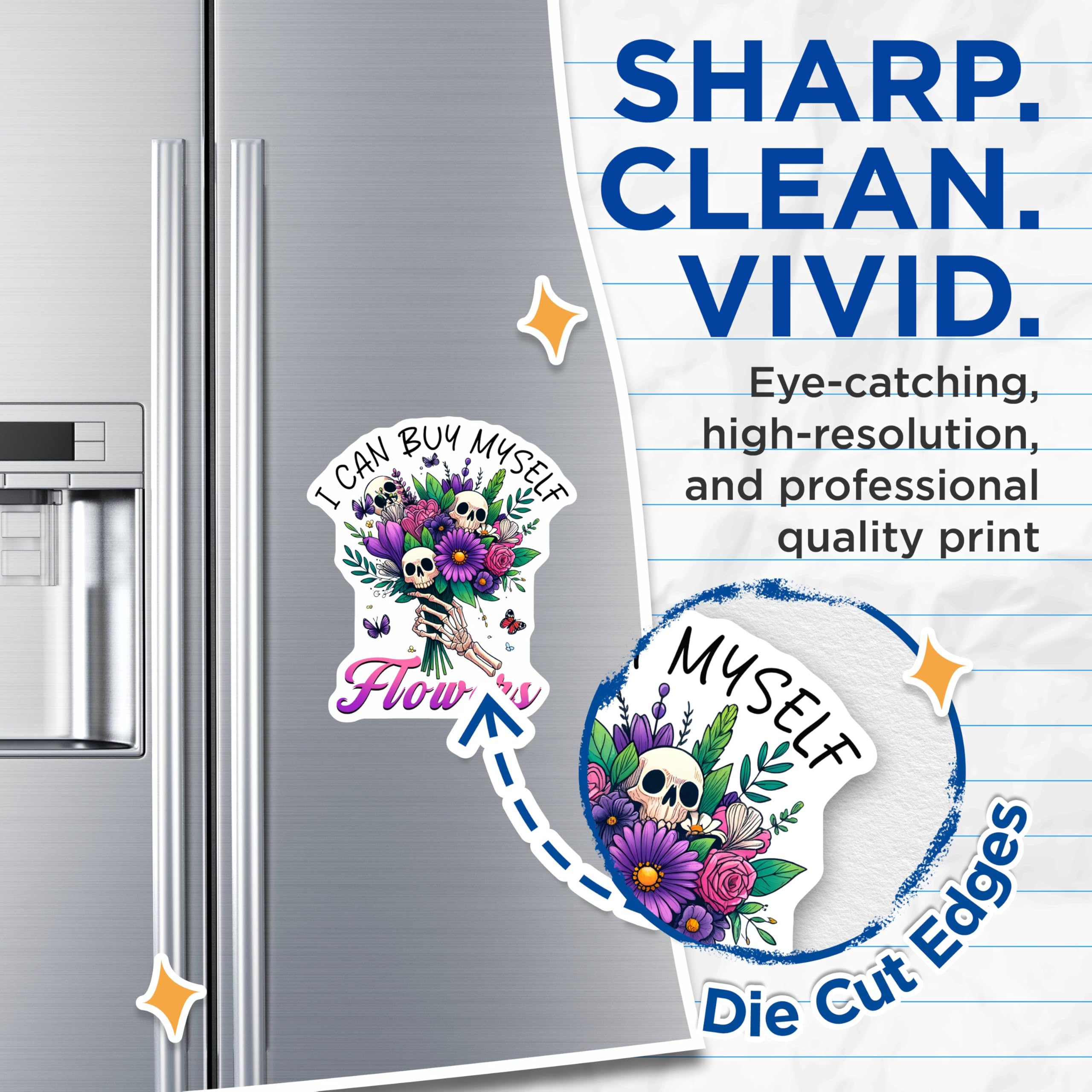 (2 Pack) I Can Buy Myself Flowers Magnets - Skull Bouquet Decal - Skeleton Hand Floral Decor - 5" On Longest Side - for Cars, Fridges, Toolboxes - Made in USA - MAG7387