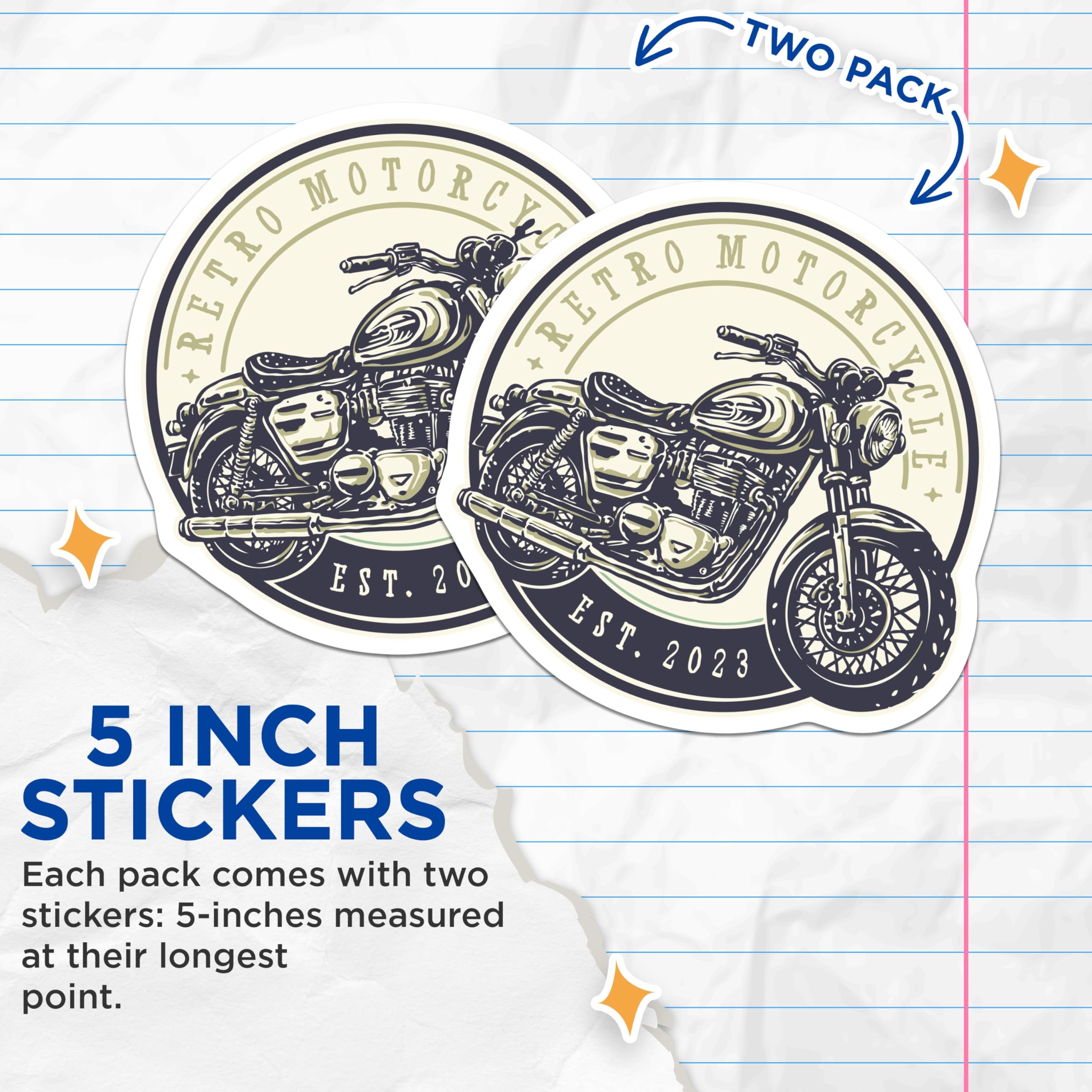 (2 Pack) Retro Motorcycle Stickers - Vintage Cafe Racer Decals - Classic Bike Art - Biker Enthusiast Decor - 5" On Longest Side - Sticks to Smooth Flat Surfaces - Made in USA - BMCS21828