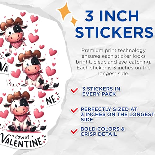 (3 Pack) Howdy Valentine Decals - Cowboy Cow Sticker - Cute Laptop Decal - 3 Inches On Longest Side - Easy Peel & Apply - Made in USA - 3MCS1917
