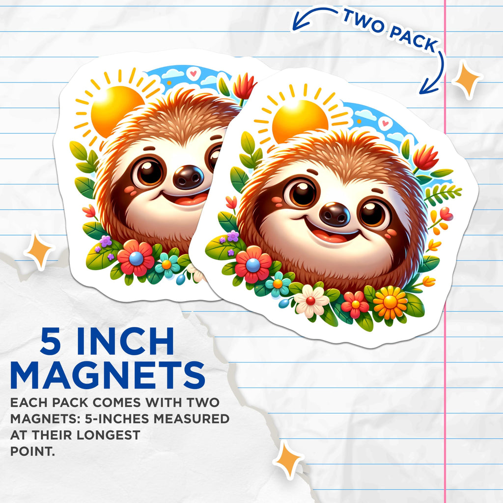 (2 Pack) Adorable Sloth Magnets - Cheerful Tropical Animal Art - Vibrant Floral Sunny Day Refrigerator Locker Magnet - 5 Inches On Longest Side - Thick Durable Magnet - Made in USA - MAG20771