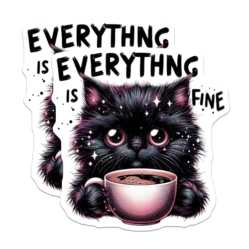 (2 Pack) Everything is Fine Cat Stickers - Cute Cat Coffee Stickers - Funny Cat Meme Stickers - 5" On Longest Side - Sticks to Smooth Flat Surfaces - Made in USA - BMCS4597