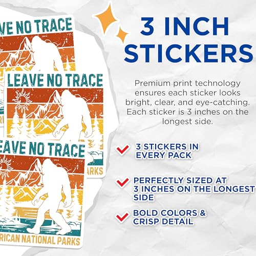 (3 Pack) Bigfoot Decals - Leave No Trace - National Parks Stickers - 3 Inches On Longest Side - Easy Peel & Apply - Made in USA - 3MCS2142