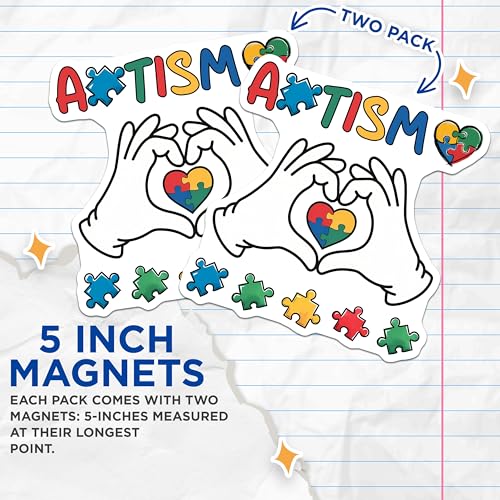 (2 Pack) Puzzle Piece Theme Magnet - Heart and Hands Design - 5" On Longest Side - Sticks to Smooth Flat Surfaces - Made in USA - MAG9703
