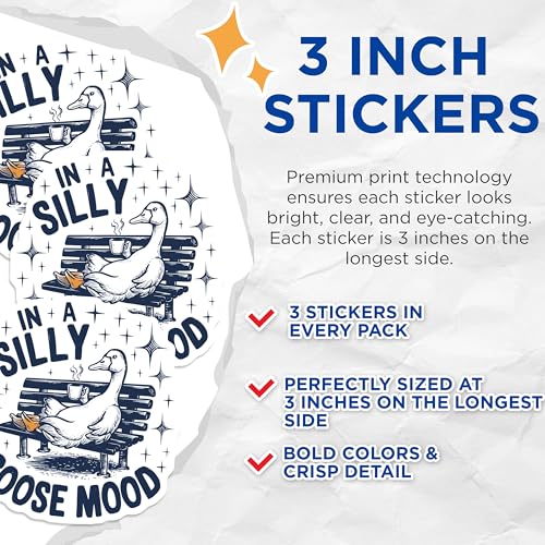 (3 Pack) Silly Goose Mood Decals - Relaxing Goose Sticker - Quirky Laptop Decals - 3 Inches On Longest Side - Easy Peel & Apply - Made in USA - 3MCS4678