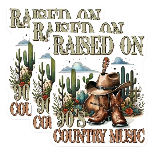 (3 Pack) Country Music Decals - 90s Raised - Cowboy Boots - Guitar Laptop Decal - 3 Inches On Longest Side - Easy Peel & Apply - Made in USA - 3MCS1938