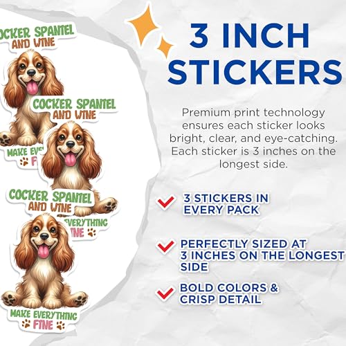 (3 Pack) Cocker Spaniel Decals - Wine Lover - Cute Dog Laptop Decal - 3 Inches On Longest Side - Easy Peel & Apply - Made in USA - 3MCS0860