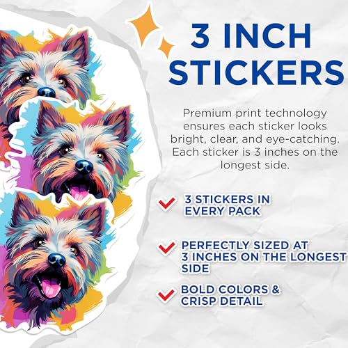 (3 Pack) Yorkshire Terrier Decals - Colorful Dog Art - Laptop Decal - 3 Inches On Longest Side - Easy Peel & Apply - Made in USA - 3MCS0682