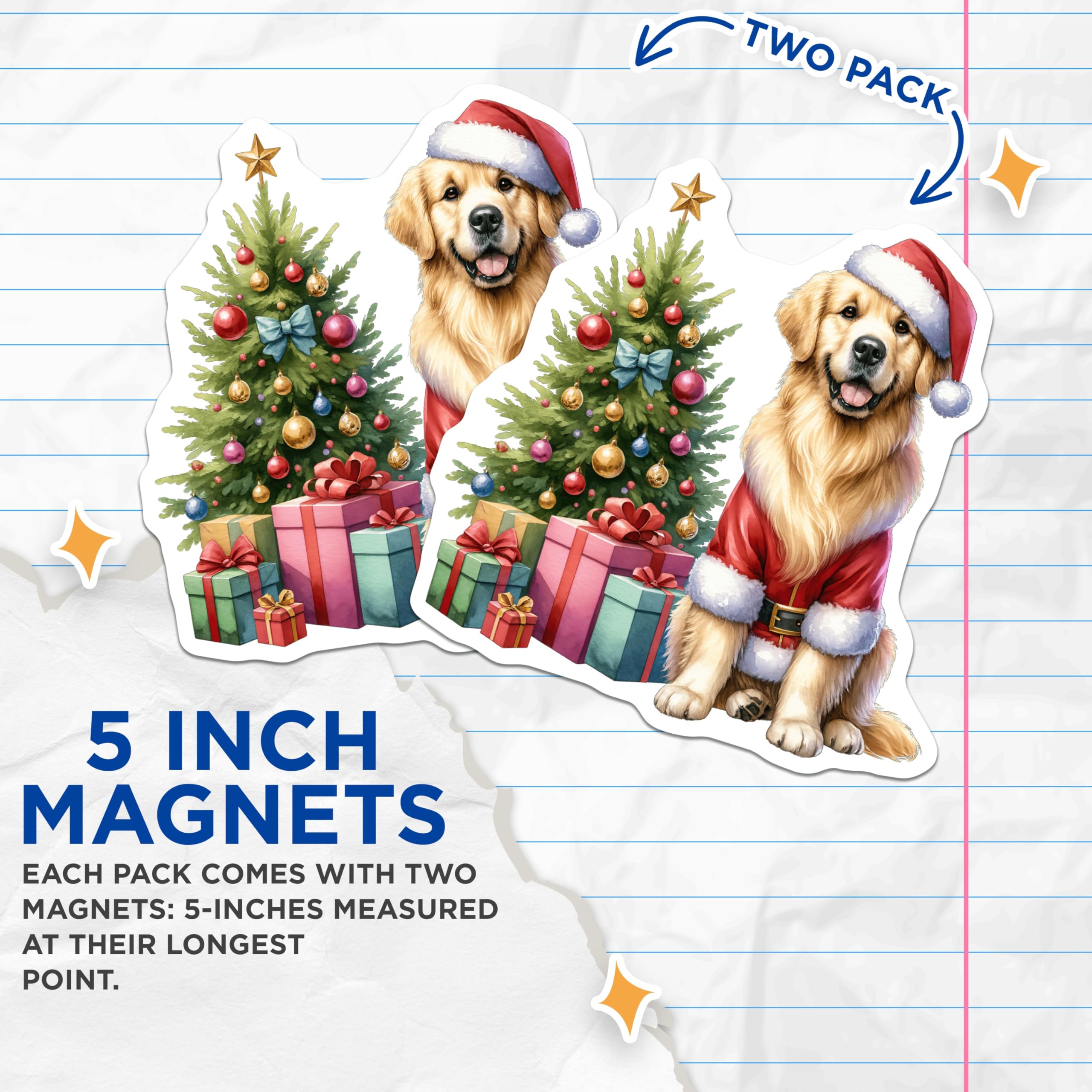 (2 Pack) Santa Golden Retriever Magnets - Cheerful Christmas Dog Decor - Festive Holiday Refrigerator Art for Home - 5 Inches On Longest Side - Thick Durable Magnet - Made in USA - MAG23918