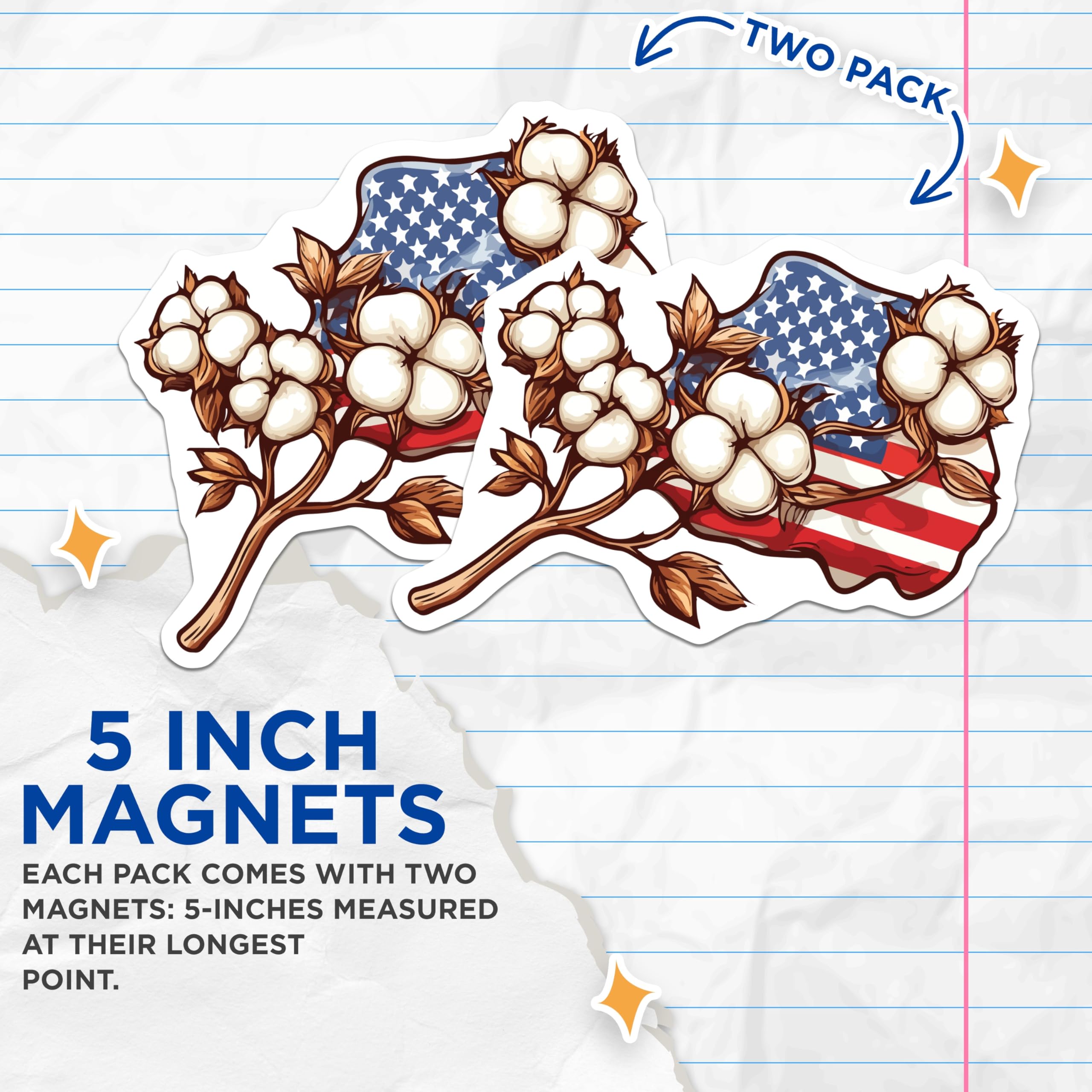 (2 Pack) Cotton Bolls Magnets - American Flag Art - Patriotic USA Southern Farmhouse Decor - Country Charm Fridge Magnet - 5 Inches On Longest Side - Thick Durable Magnet - Made in USA - MAG19809