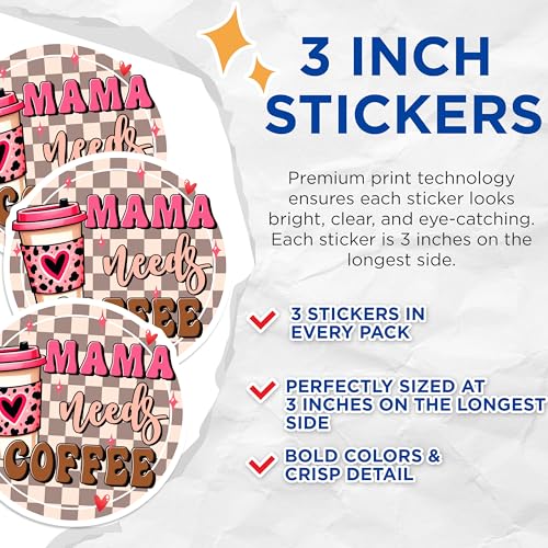 (3 Pack) Mama Needs Coffee Decals - Retro Style Stickers - Coffee Lover Decals - 3 Inches On Longest Side - Easy Peel & Apply - Made in USA - 3MCS6303