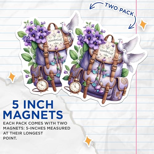 (2 Pack) Wanderlust Vibes Magnets Magnets - Violet Backpack Art - Travel Decor for Adventurers - 5" On Longest Side - Made in USA - Sticks to Refrigerators & Metal Surfaces - MAG8852