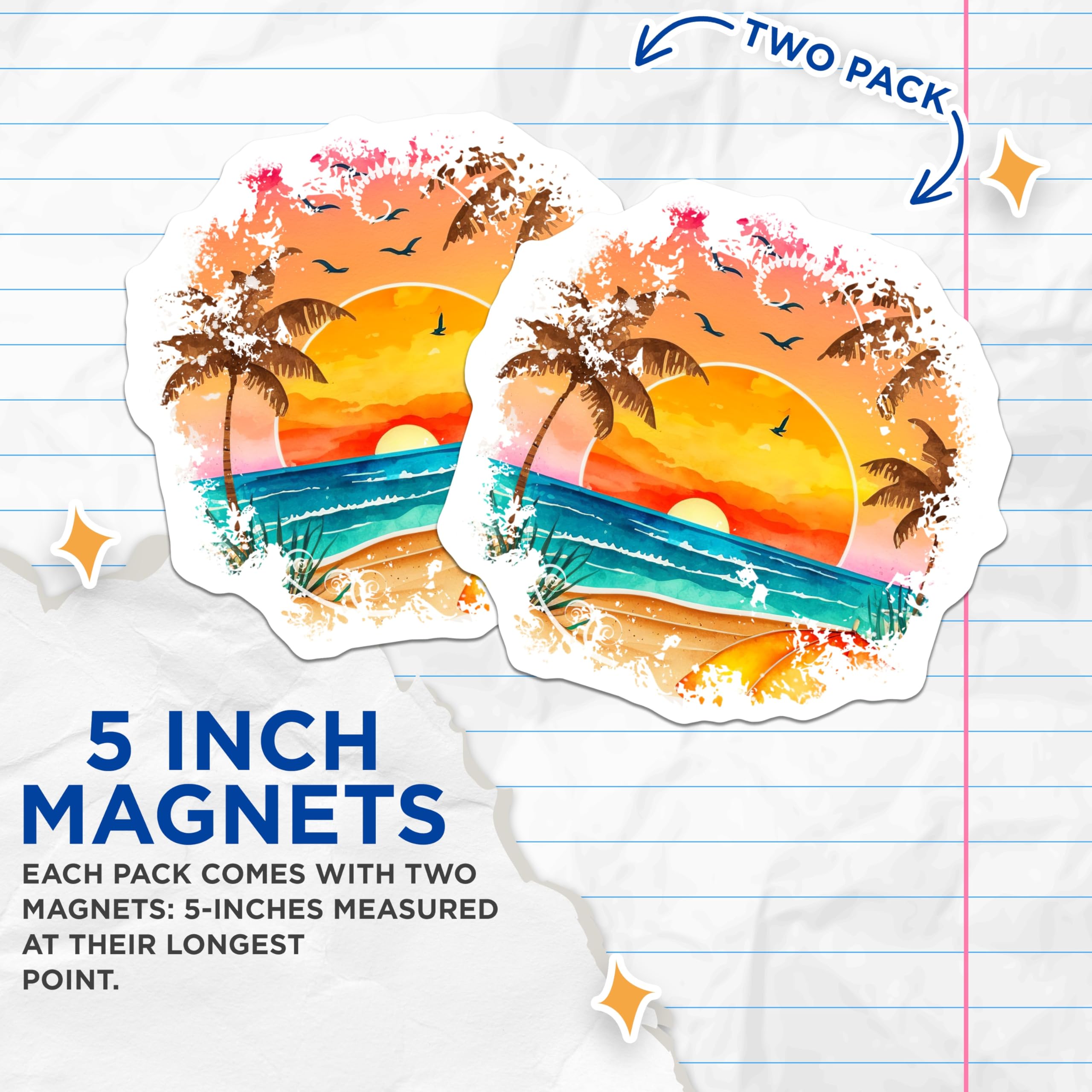 (2 Pack) Tropical Beach Magnets - Sunset Ocean View - Palm Tree Summer Decor - 5 Inches On Longest Side - Thick Durable Magnet - Made in USA - MAG24702