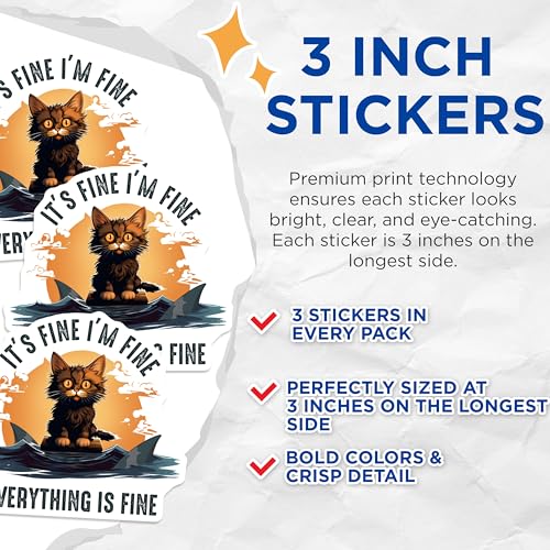 (3 Pack) Cat It's Fine Decals - Everything is Fine Sticker - Laptop Decals - 3 Inches On Longest Side - Easy Peel & Apply - Made in USA - 3MCS6597